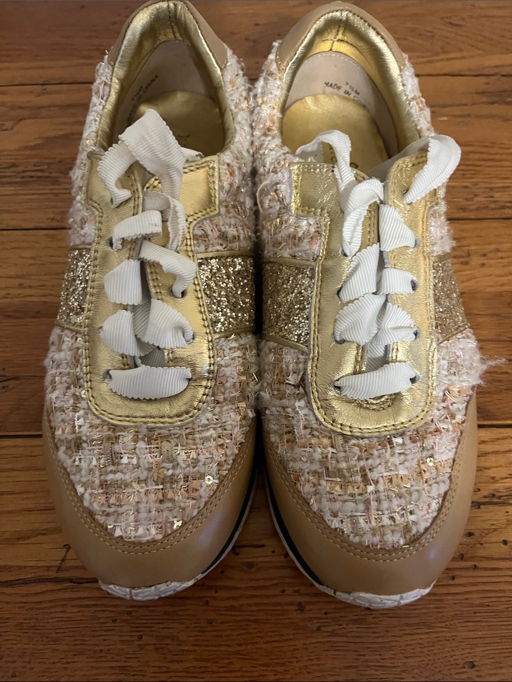 kate spade Gold Tweed & Glitter Lace-Up Sneakers 7.5